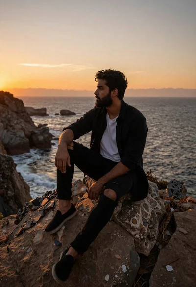 Handsome man with beard sitting on cliff overlooking ocean at sunset