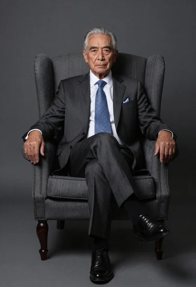 Elderly gentleman seated in wingback armchair studio portrait