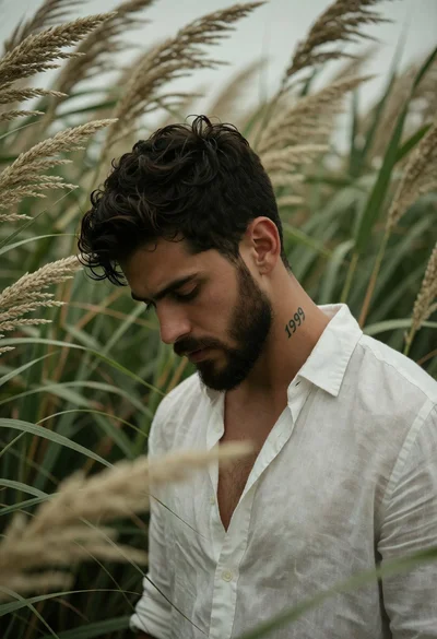 Young man in white linen shirt standing in tall swaying green grass