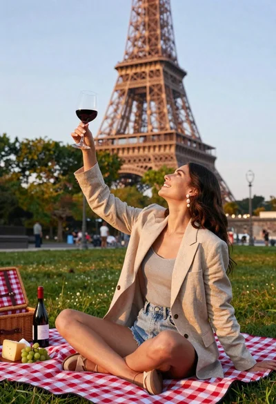 Smiling woman toasting wine on picnic blanket in park near eiffel tower
