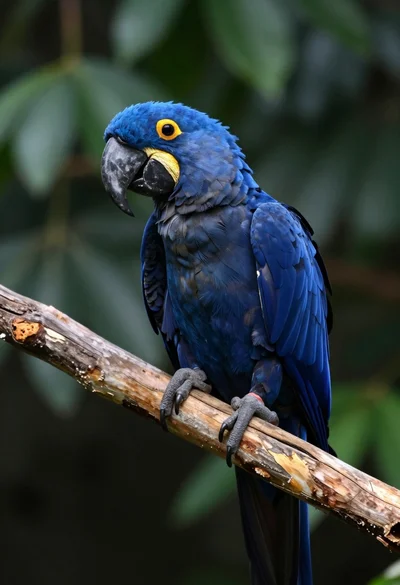 Close up of majestic blue macaw perched on wooden branch in lush