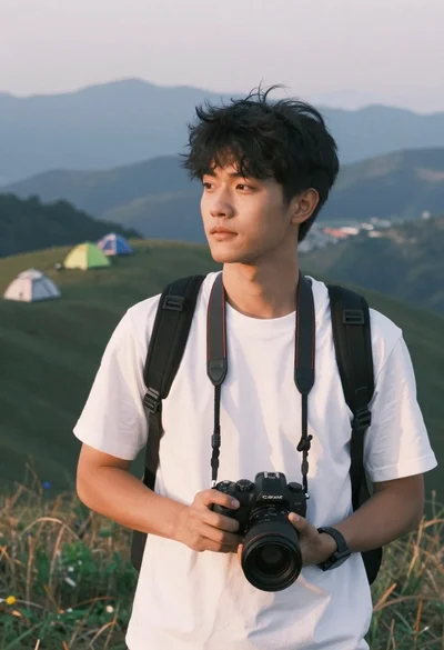 Man with camera and backpack standing on grassy hill at sunset