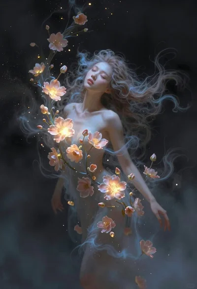 Young woman surrounded by glowing peach flowers in mist