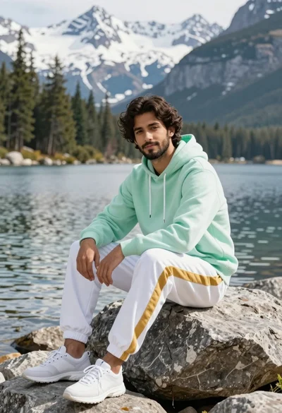 Handsome man sitting on rock by calm lake with snow capped mountains