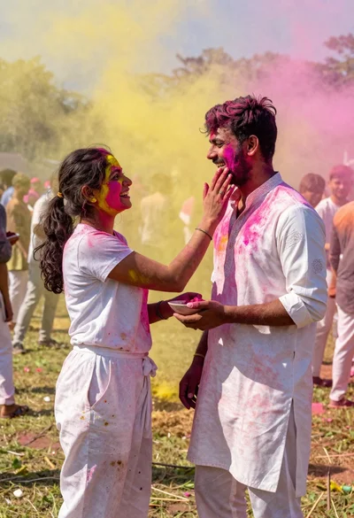 Joyful couple covered in colored powder during outdoor festival celebration