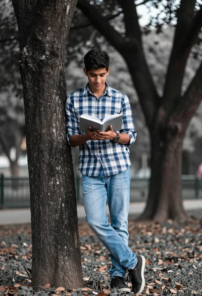 Young man reading book leaning against tree in park setting