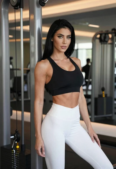 Fit woman with black hair in sports bra posing in a gym