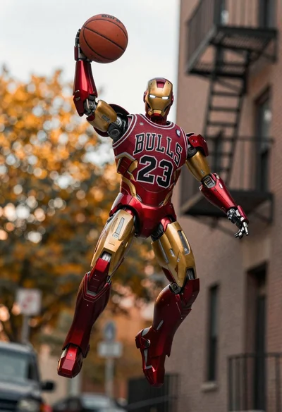Robot holding basketball in urban alleyway setting