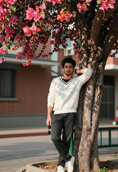 Man leaning against tree trunk with pink flowers overhead in urban park