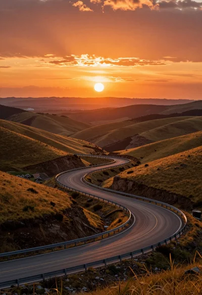 Winding paved road through rolling golden hills under dramatic sunset sky