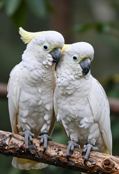 Two elegant white cockatoos resting closely together on a wooden branch