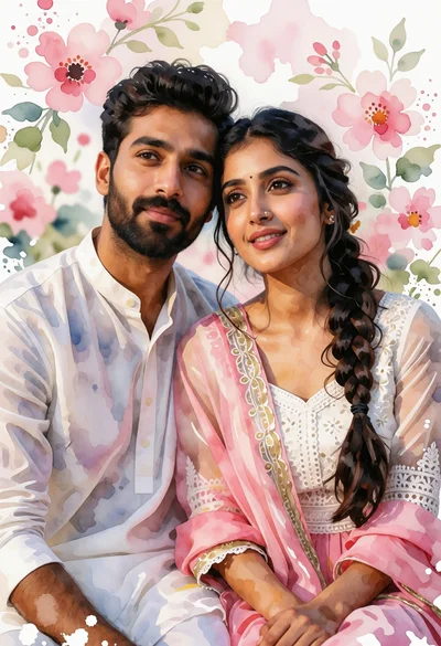 Romantic portrait of couple in traditional indian attire against floral background