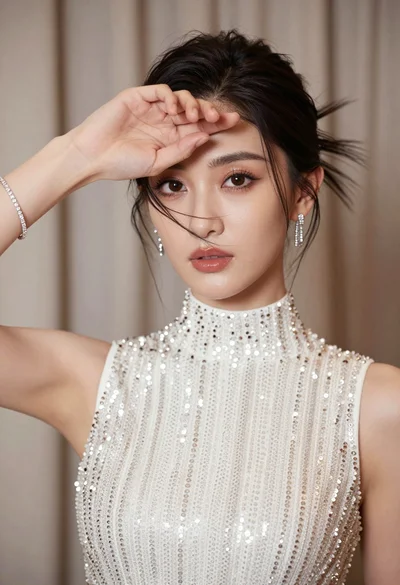 Close up portrait of woman in sequined top against beige curtain backdrop