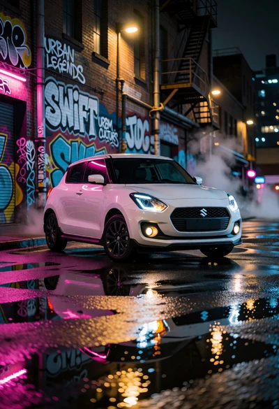 White suzuki swift hatchback on wet urban street with neon reflections at