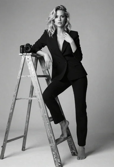 Blonde woman in black suit leaning on ladder studio portrait