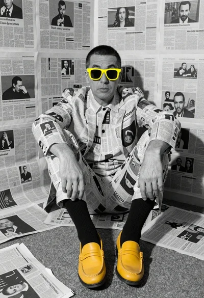 Man in monochrome suit with yellow accents studio portrait