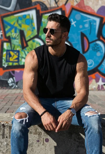 Muscular man sitting on ledge against graffiti mural