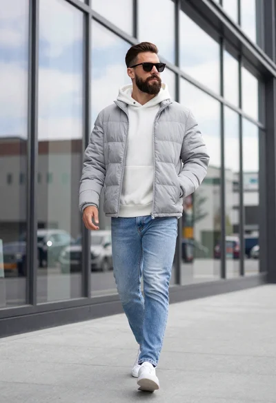 Handsome man in grey puffer jacket walking on concrete sidewalk near glass