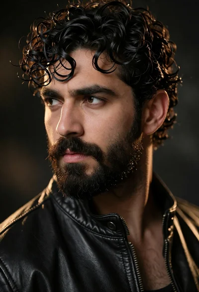 Close up portrait of man with wet dark curly hair in black