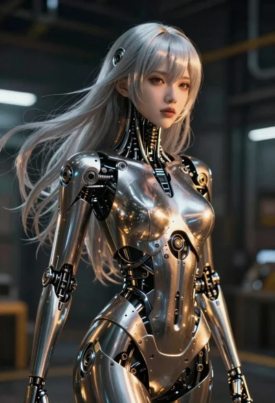 Metallic android with silver hair in industrial space