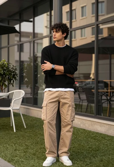 Stylish man in black sweater and cargo pants outdoors near glass building