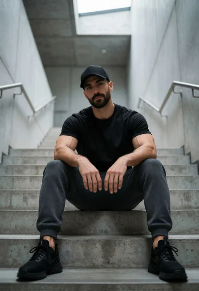 Fit man sitting on concrete staircase in minimalist architectural space