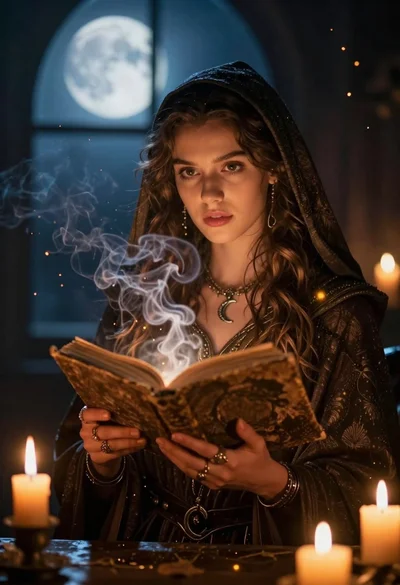 Young woman holding ancient book emitting magic under moonlight