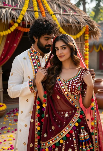 Romantic portrait of couple in indian wedding attire outdoors