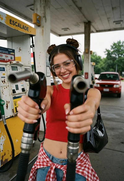 Young woman at gas station holding fuel nozzles wide angle shot
