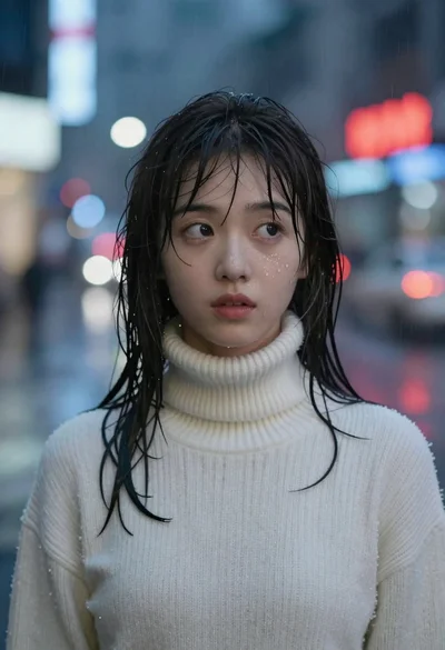 Woman standing in rain on a neon lit city street
