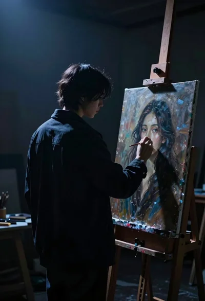 Solitary artist in dimly lit studio painting portrait under dramatic spotlight