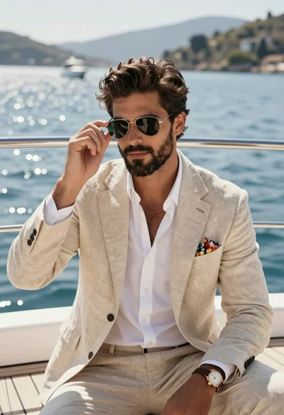 Handsome man in linen suit sitting on luxury yacht deck overlooking blue