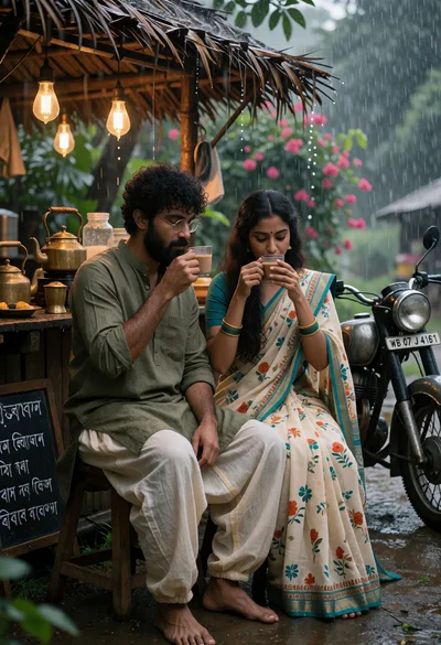 Couple sharing tea at rustic roadside stall during heavy rain