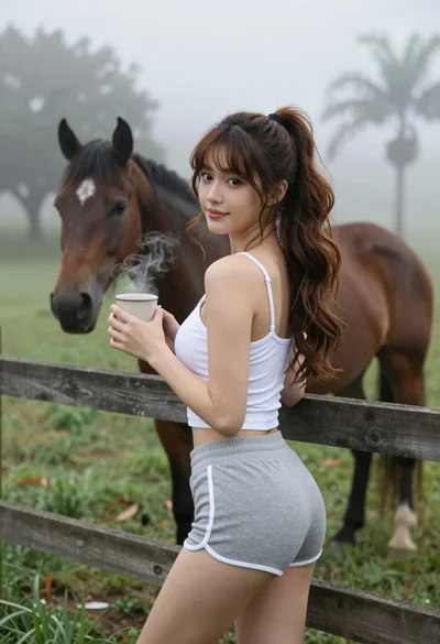 Young woman in tank top leaning on fence overlooking misty pasture with