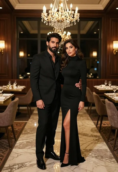 Stylish man and woman in black formal wear at luxury restaurant