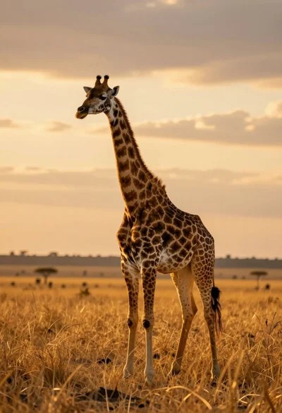 Majestic giraffe standing in golden savanna landscape at sunset