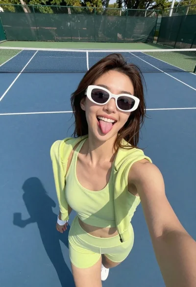 Young woman taking playful selfie on outdoor tennis court