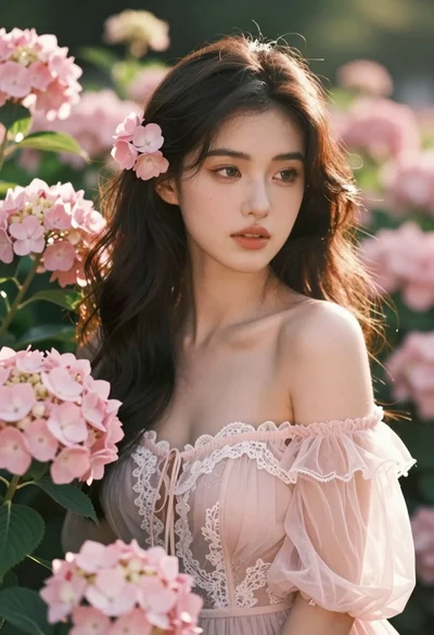 Beautiful woman with dark hair in pale pink flowers garden at golden