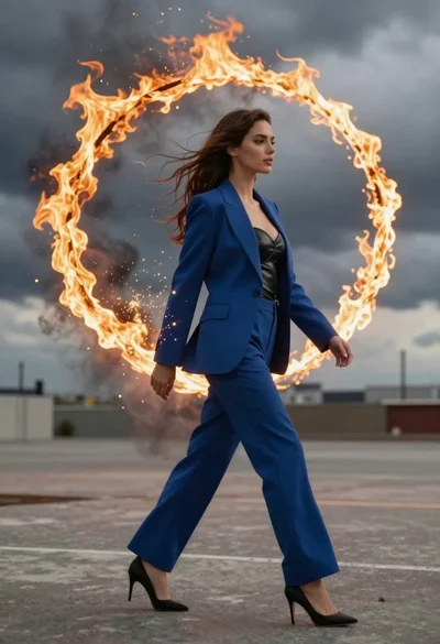Young woman in blue blazer walking forward in profile against a ring