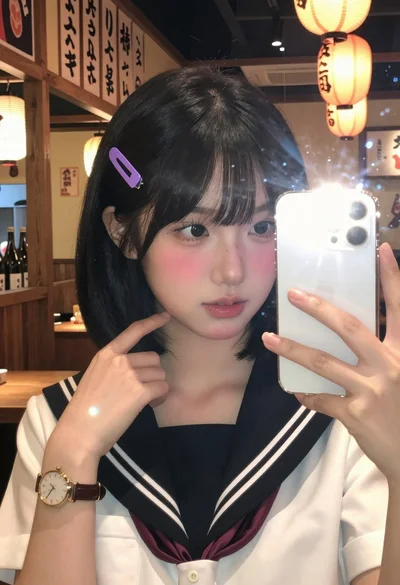 Close up mirror selfie of young woman in sailor collar at dimly