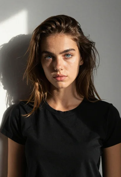 Portrait of young woman with brown hair against white wall