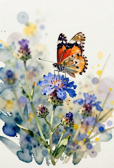 Delicate watercolor painting of a butterfly resting on wildflowers