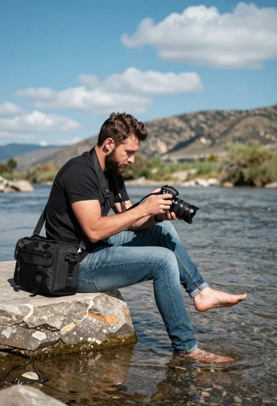 Man reviewing photos on camera while sitting by a shallow river