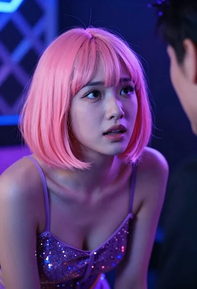Close up portrait of young woman with pink bob hair in nightclub