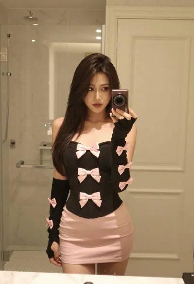 Young woman taking mirror selfie in bathroom wearing black strapless corset