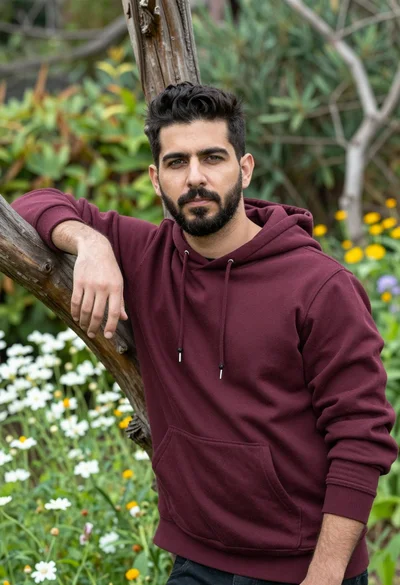Photorealistic portrait of man in maroon sweatshirt leaning on branch in garden