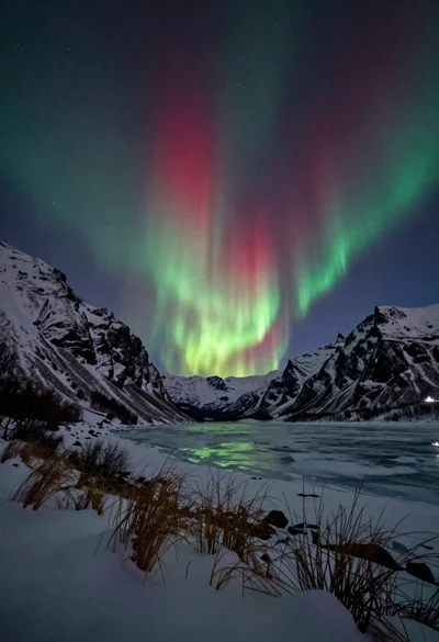 Aurora borealis over snow covered mountains and frozen river