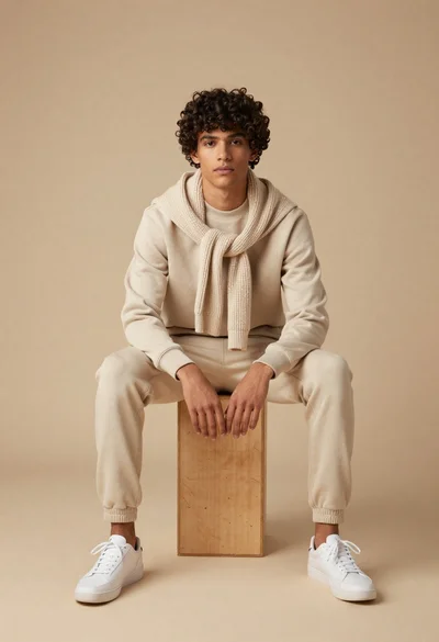Young man in beige monochromatic outfit sitting on wooden block