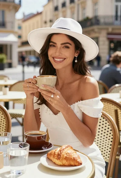 Smiling woman in white dress holding coffee cup at outdoor cafe terrace