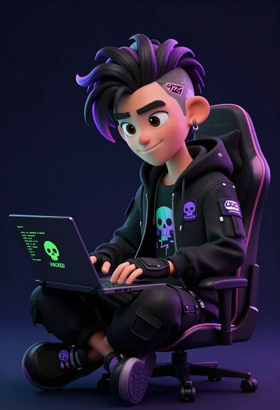 Young male hacker in black jacket typing on laptop in dark studio